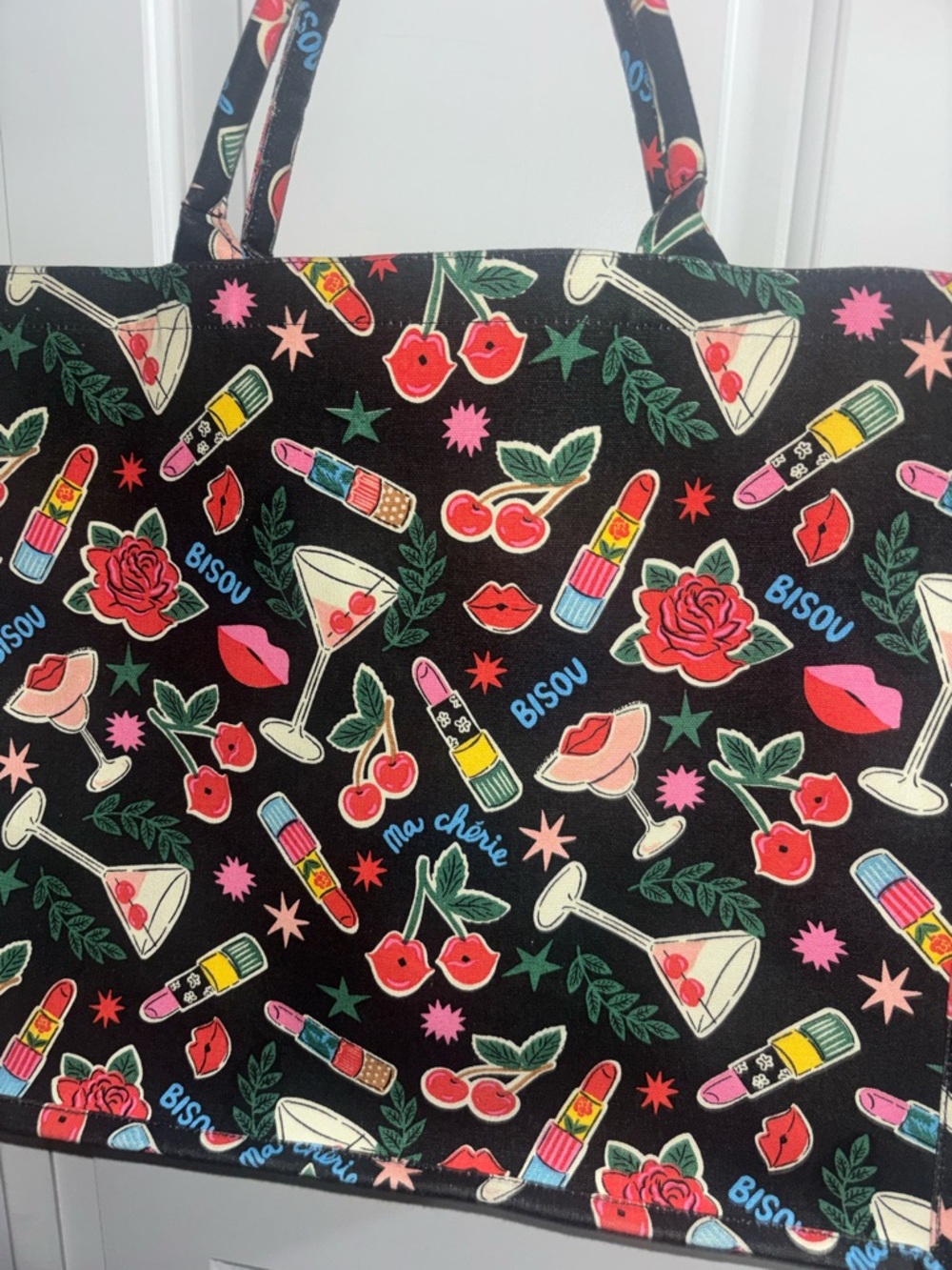 Stylish Black Graphic Tote Bag with Lipstick & Cherry Print